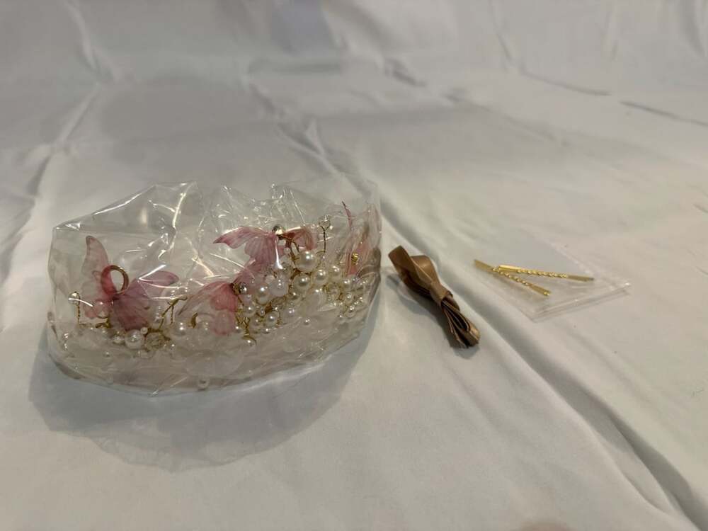 Pink Butterfly & Pearl Bridal Hair Vine Wedding Crown Headpiece with Accessories